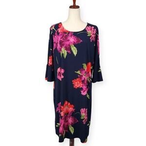 Alexander + Oak Dress 3/4 Bell Sleeve Above Knee Navy Floral Plus Size XXL New